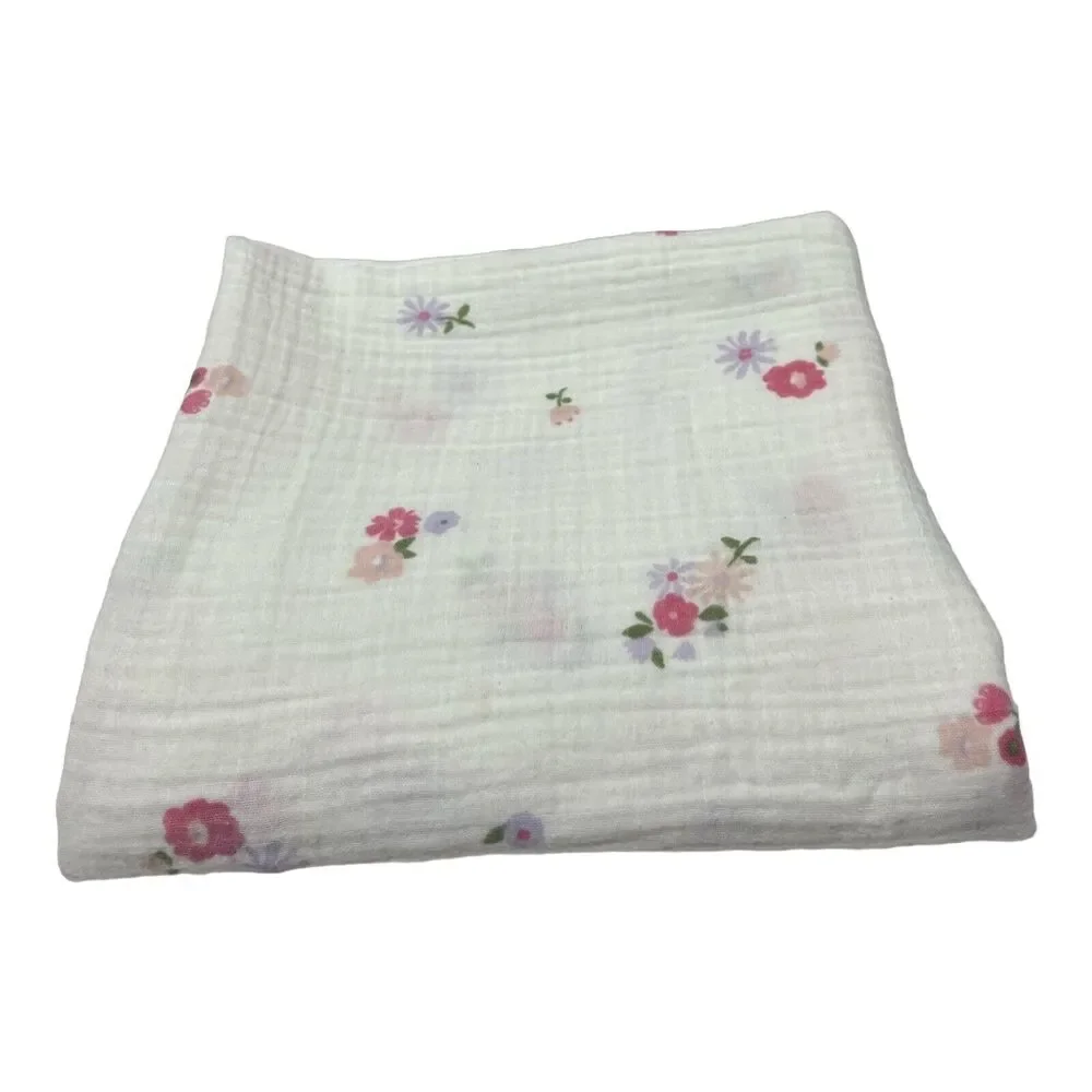 Okie Dokie Floral Muslin Swaddle Baby Blanket Pink Purple Flowers 100% Cotton
